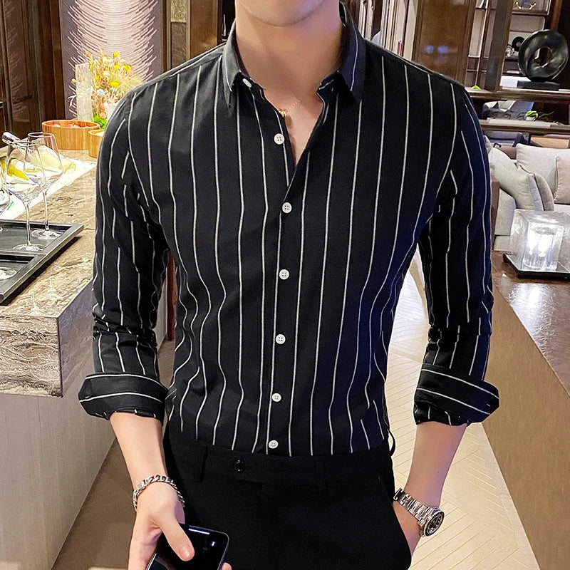 Threebooy  Korean Fashion Men's Shirts Button Down Slim Fit Long Sleeve Striped Shirt