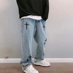 Threebooy Print Embroidery Jeans Men Vintage Casual Loose Wide Leg Baggy Man Trousers 2024 Spring Summer Fashion Hip Hop Male Cargo Pant