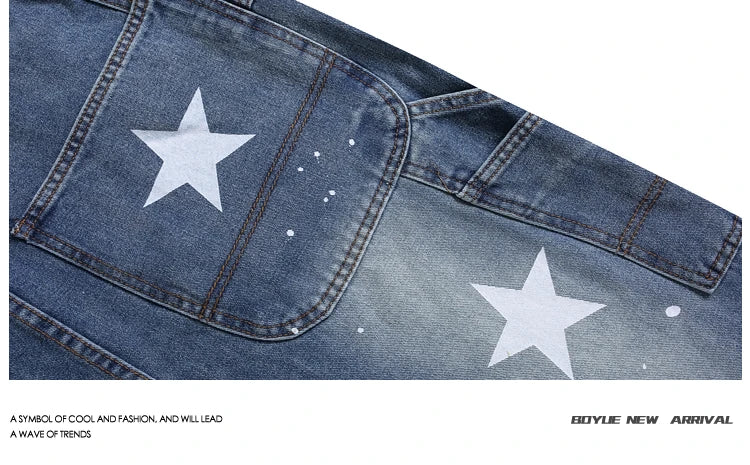 Threebooy American Retro Star Splashing Print Denim Overalls Korean Style Fashion High-end Solid Color Jumpsuits Aesthetic All-match Chic