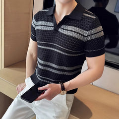 Threebooy New Fashion Hollow Out Polo Shirt Luxury Men's Clothing Korean Style Leisure V Neck Short Sleeve Patchwork Breathable Knitwear