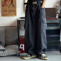 Threebooy  Baggy Jeans Trousers Male Denim Pants Black Wide Leg Pants Men's Jeans Oversize Cargo Korean Streetwear Hip Hop Harajuku