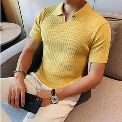 Threebooy  British Style Men's Summer Casual Short Sleeves Polo Shirts/Male Slim Fit High Quality Stripe Knitted V-neck Polo Shirts