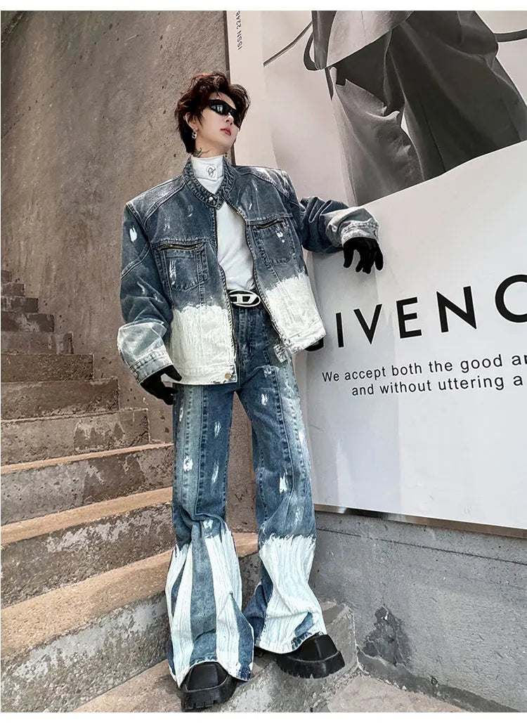 Threebooy Men's New 2-Piece Bleached Faded Denim Set