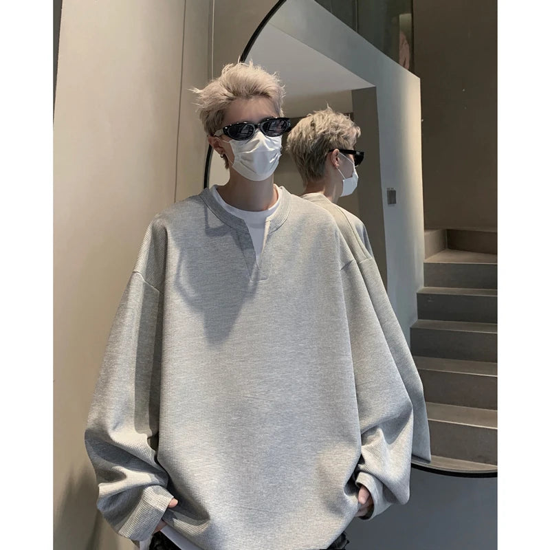 Threebooy Loose Casual Tshirt Men Fake Two-piece Long Sleeve T Shirt Neutral Streetwear Fashion Women Korean Pullover T-shirts Gray/Black