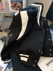 Threebooy American Fashion High-end Baseball Uniform Embroidered Letters Black White Color-blocking Niche Fat Girl Cardigan Top Coat Chic