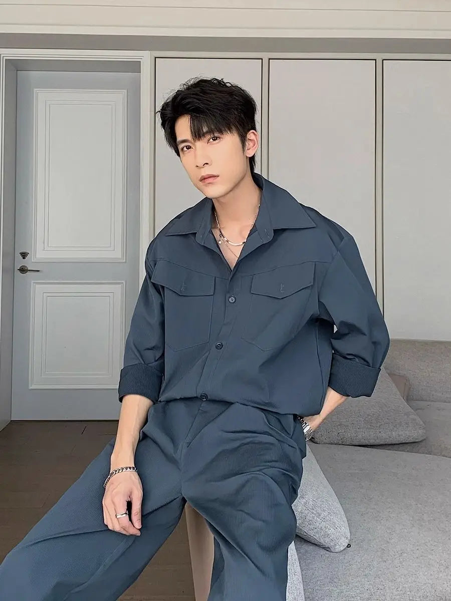 Threebooy Men's Shirt Pants Set High-end Shirt Suit Trendy Spring Handsome Long-sleeved Top Loose Straight Trousers Two-piece Set