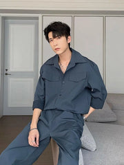 Threebooy Men's Shirt Pants Set High-end Shirt Suit Trendy Spring Handsome Long-sleeved Top Loose Straight Trousers Two-piece Set