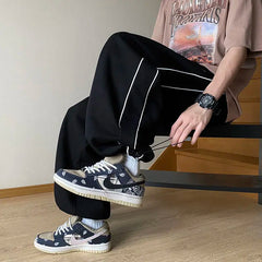 Threebooy American Hip-hop Loose Sports Pants Men's Autumn Solid Patchwork Elastic Waist Drawstring Pocket Side Striped Straight Trouser