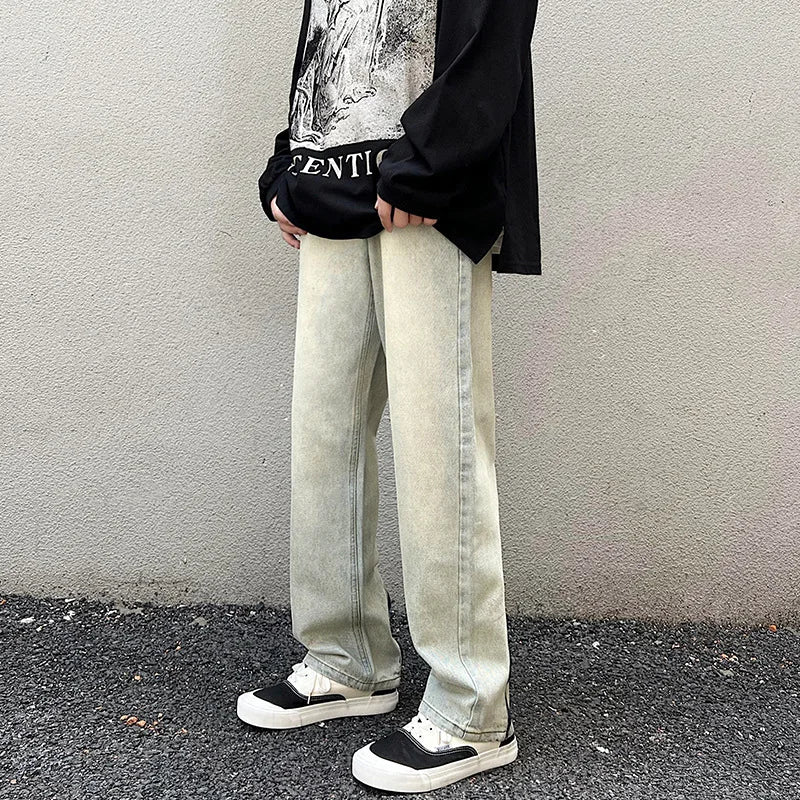 Threebooy Y2k American High Street Yellow Mud Wash Jeans Men Fashion Casual Loose Hip Hop Zipper Split Straight Leg Wide Pants