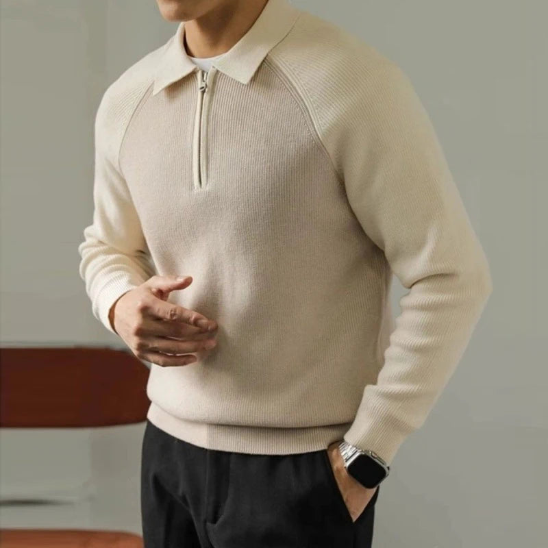 Threebooy  New American Chic Men Polo Sweater Luxury Trendy Business Zip-up Knit Solid Color Pullover Leisure Slim-fit Long Sleeve Knitwear