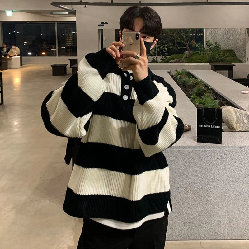 Threebooy  New Fashion Striped Men Polo Sweater Light Luxury Korean Popular Knitwear Premium Quality Long Sleeve Pullover Trendy Streetwear