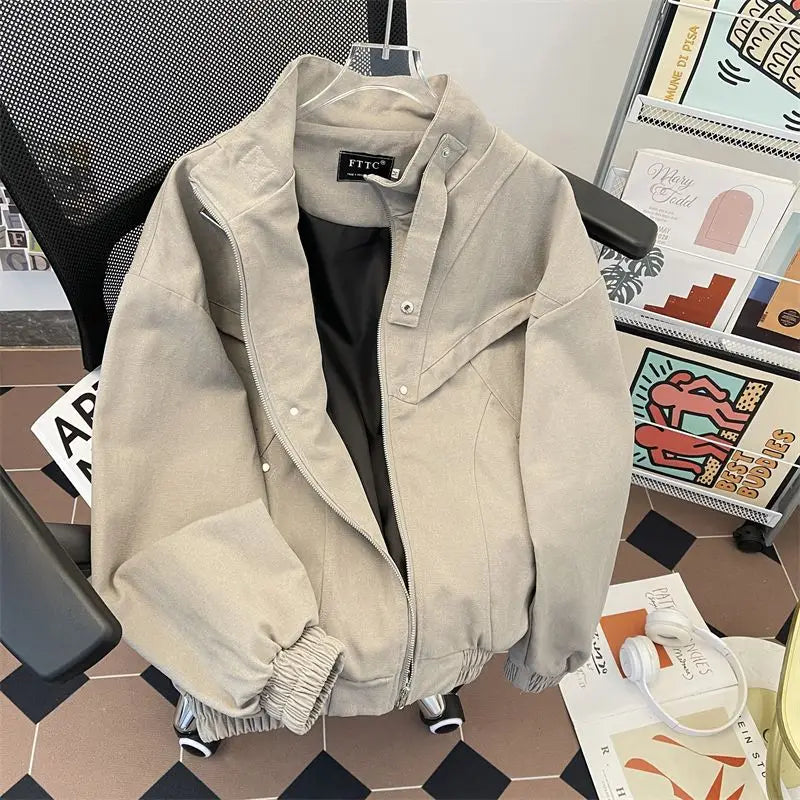 Threebooy American Cityboy Jacket Wash Canvas Deconstructed Stand Collar Coat Design Sense Top Spring Autumn Korean Trend Bomber Jacket