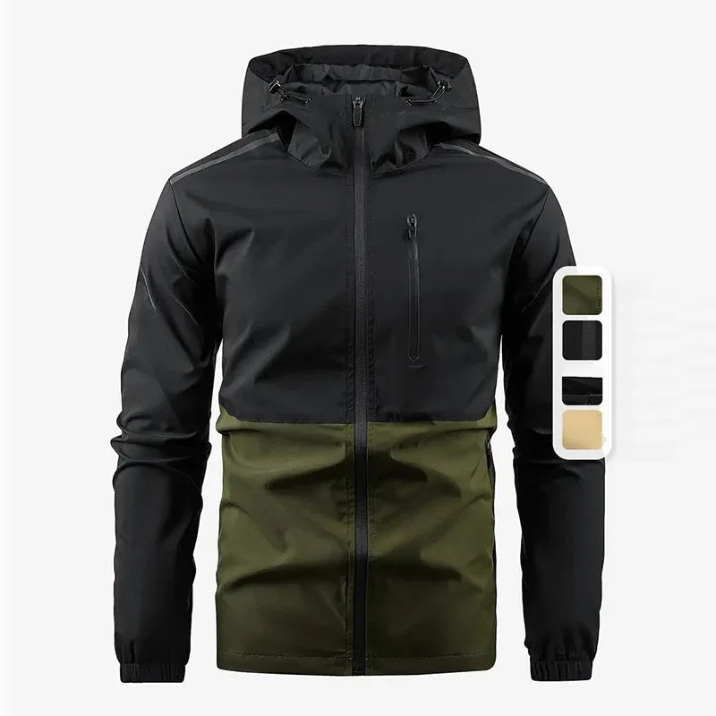 Threebooy  Color-blocked Hooded Waterproof Hiking Jacket for Men Outdoor Leisure Sports Windproof Water-splashing Men's Mountaineering Suit