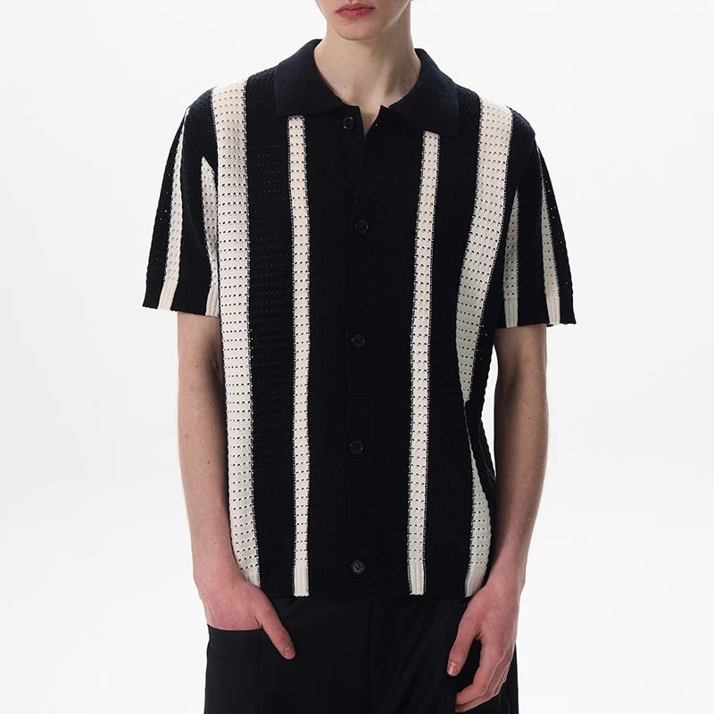 Threebooy New Men Striped Hollow Out Cardigan Tops Light Luxury Casual Button-down Short Sleeve Shirs Leisure Streetwear Fashion Knitwear