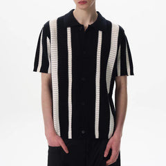 Threebooy New Men Striped Hollow Out Cardigan Tops Light Luxury Casual Button-down Short Sleeve Shirs Leisure Streetwear Fashion Knitwear