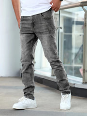 Threebooy  1pc Men'S Casual Slim Fit Stretch Jeans, Chic Street Style Distressed Denim Pants