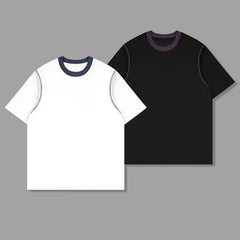 Threebooy  Men Cotton Tshirt Round Neck Contrast Collar Loose Fit Streetwear Summer Tee Shirt Breathable Soft Casual Comfort Mens Clothing