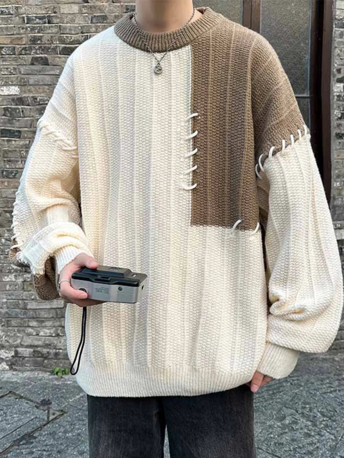 Threebooy Fashion Autumn Winter Men's Oversize Loose Casual Jumpers Male Round Neck Sweater Tops Men Patchwork Knitted Tops S846