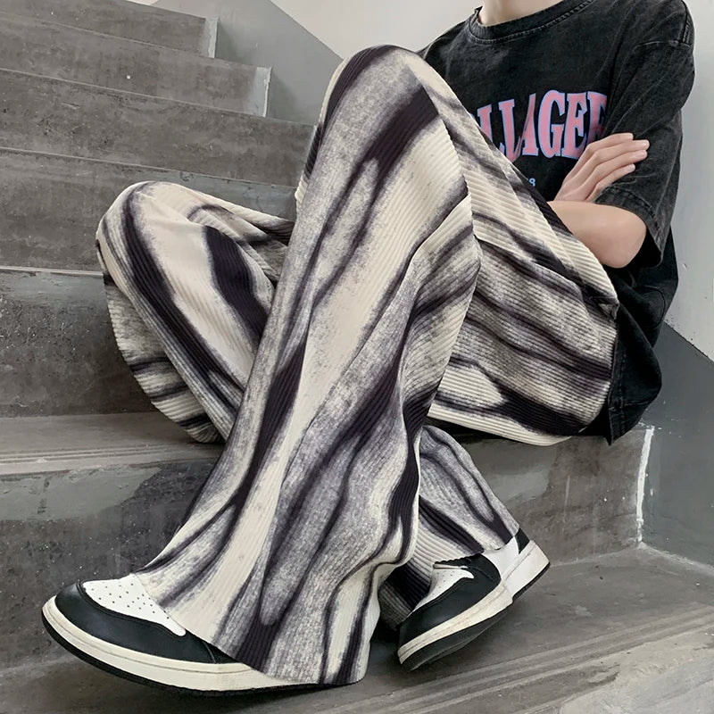 Threebooy Black Tie-dye Wide-leg Pants Men's Summer Loose Straight Ice Silk Drape Casual Pants Korean Style Pleated Pants Men Y2k