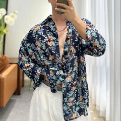 Threebooy Fashion Floral Shirt Summer New Thin See Through Shirts Outerwear Luxury Mens Clothing LGBT Casual Blouse Trendy Streetwear