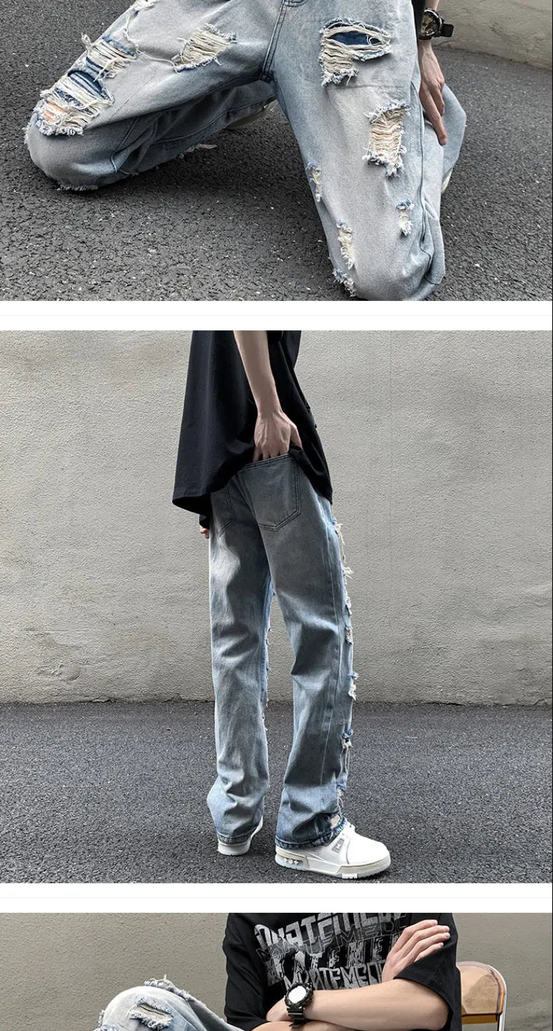 Threebooy European and American High Street Spring and Autumn Vintage Destruction Washed Straight leg Jeans Couple Hip Hop Casual Pants