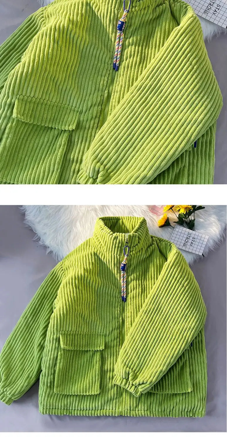 Threebooy Men's Cotton Padded Jacket Winter Corduroy Padded Jackets Female Loose Stand-up Collar Thickened Warm Zipper Solid Color Coats