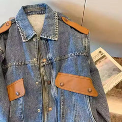 Threebooy American Autumn New Jacket Men's Couple Lapel Deconstructed Fake Two-piece Color Matching Silhouette Loose Denim Trendy Jacket