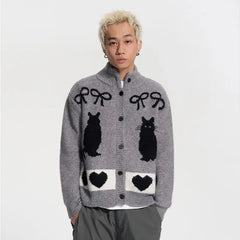 Threebooy Personality Cat Cardigan Contrasting Color Jacquard Stand-up Collar Sweater Coat Autumn Winter Loose Knitted Cardigan