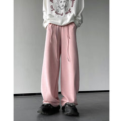 Threebooy Men's Drawstring Design Waist Wide Leg Sports Casual Pants Oversized Pink Color Sweatpants Elastic Waist Loose Trousers