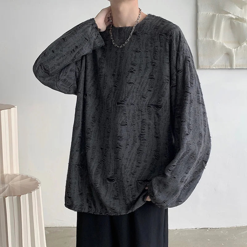 Threebooy Spring Summer Men Hole T Shirts Harajuku Hip Hop Long Sleeve Oversized Tshirts Male Korean Fashion Tee Tops Plus Size 3XL