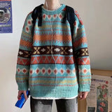 Threebooy Men's Knitted Vintage Graphic Sweater with Pattern Brown Blue Pullovers Sweaters and Jumpers Korean Streetwear Harajuku