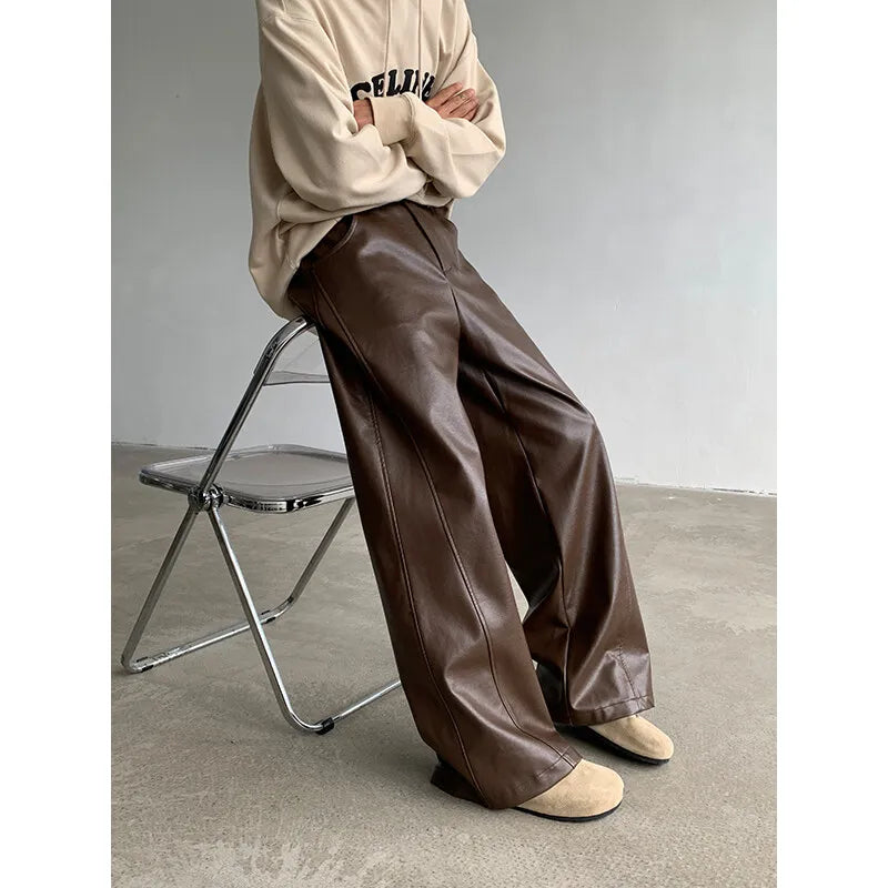 Threebooy PU Leather Pants men Straight Spring Men's Punk Fashion Hip Hip Men Wide-leg Mopping Trousers Windproof Dark Brown/Black