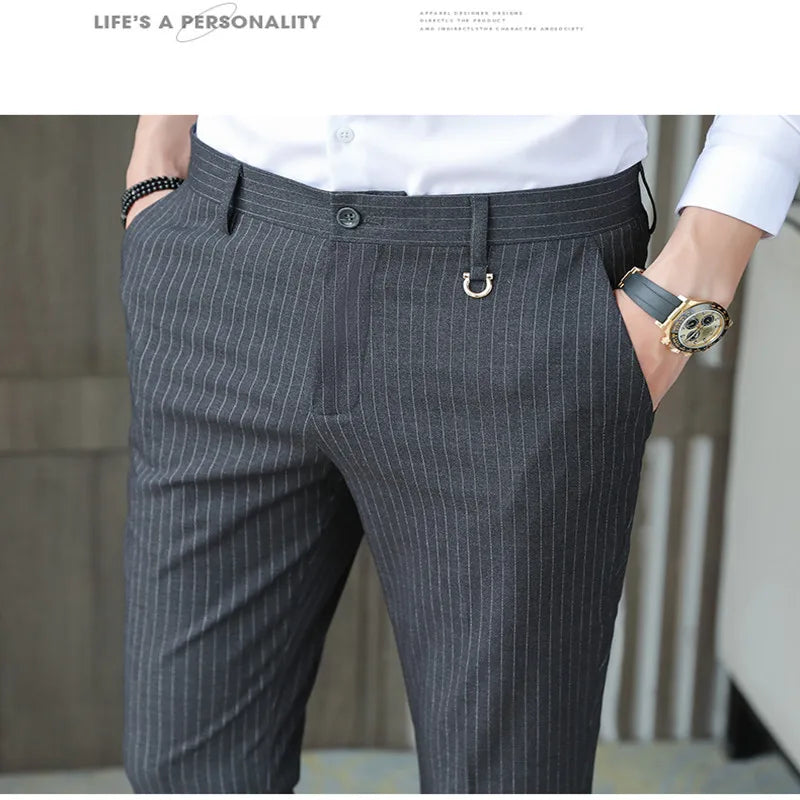 Threebooy  New Striped Nine-point Suit Pants Korean Fashion Slim Casual High-quality Trendy Office Trousers Plus Size 29-36