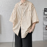 Threebooy Half Sleeve Shirts Men Casual Stripe Shirts Streetwear Oversize Blouses Single Breasted Male Clothing Harajuku Summer