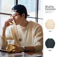 Threebooy Autumn Waffle Round Neck Knit Sweaters Casual Harajuku Warm Solid Pullover Classic Fashion Loose Jumper Men Clothing