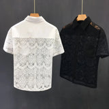 Threebooy Mens Hollow Sexy Lace Short Sleeve Casual Shirt See-Through 2024 New Genderless Fashion Versatile Youth Trend Retro Shirt Unisex