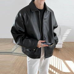 Threebooy  New Men's Casual Textured PU Leather Jacket Fashion Zipper Turn-down Collar Long Sleeve Coats High Quality  Korean Style Outfits