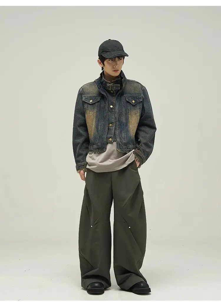 Threebooy Vintage Denim Jacket Man Woman Short Zipper Single Breasted Cowboy Crop Coats Blue Washed Stand Collar Unisex Jeans Outerwear