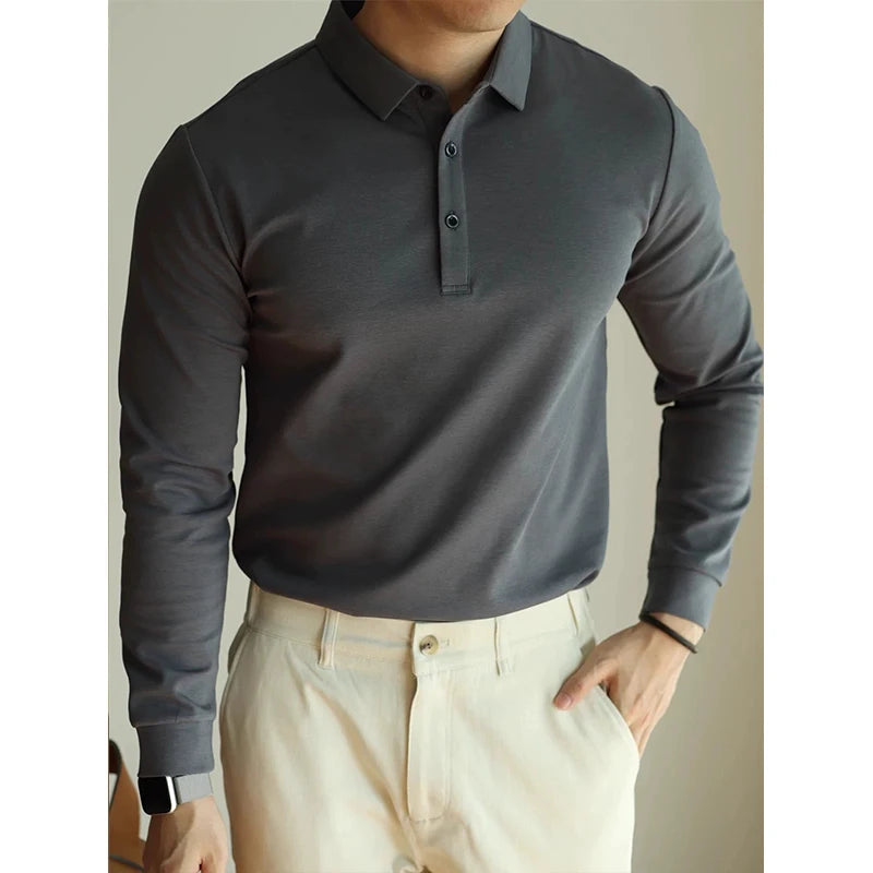 Threebooy  New American Retro Men Polo Shirt Light Luxury Solid Color Slim-fit Commuting Long Sleeve T-shirt Leisure Business Pullover Tops