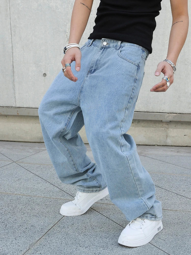 Threebooy  Spring Autumn Men Baggy Jeans Oversize Straight Loose Casual Denim Trousers Solid Color Streetwear Fashion Y2k Wide Leg Pants