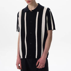 Threebooy New Men Striped Hollow Out Cardigan Tops Light Luxury Casual Button-down Short Sleeve Shirs Leisure Streetwear Fashion Knitwear
