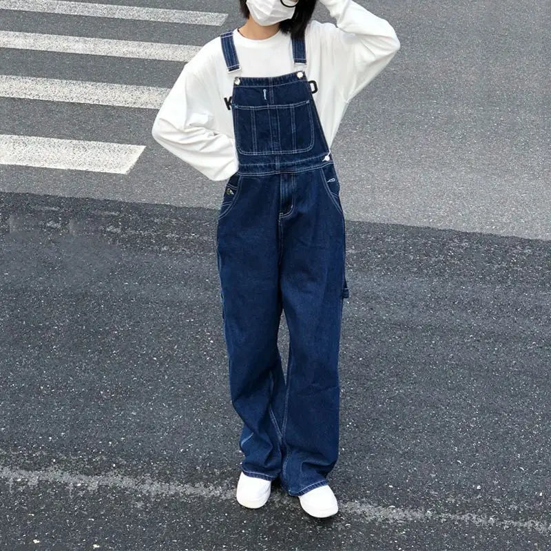 Threebooy American Retro Large Size Denim Overalls Men's Loose Trend Korean Style Fashion 2025 New High-end Straight Suspender Jumpsuit
