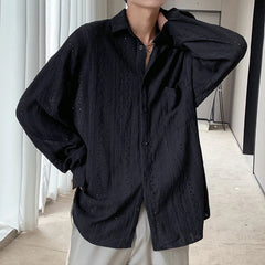 Threebooy Shirts for Men Hollow Out Lapel Men Blouse Vacation Sexy Handsome Fashion Men Clothing Mesh Long-sleeved Shirts Black/Apricot