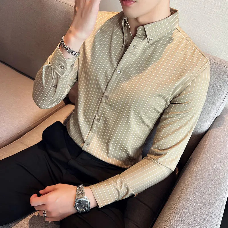 Threebooy  Plus Size S-3XL Korean Long Sleeve Striped Shirts Men Clothing Simple Slim Fit Business Casual Office Blouse Homme Hot Sale