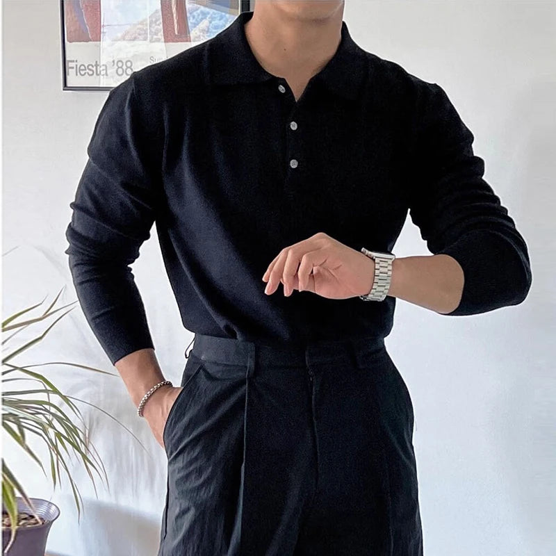 Threebooy  New Korean Fashion Men Polo Sweater Light Luxury Knitted Solid Color Long Sleeve Pullover Premium Quality Skin-friendly Knitwear