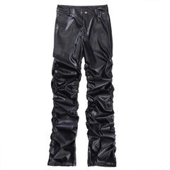 Threebooy Pleated Leather Pants Men’s Motorcycle Pants PU Leather Pants Men’s Punk Leather Cargo Pants Leather Pants