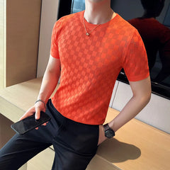 Threebooy  Brand Clothing Men's Summer Casual Short Sleeve T-shirt/Male Slim Fit Plaid Fashion Knit T-Shirts Tees Plus Size S-4XL