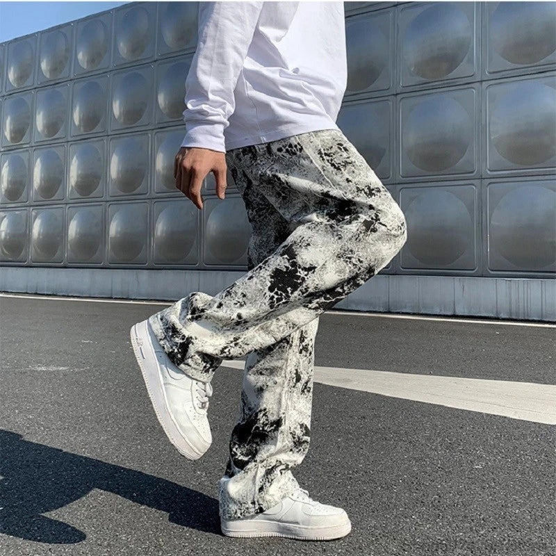 Threebooy Mens Jean Fashion Printed jeans Spring Mopping Trousers Jeans Korean Style High Street Loose Hip Hop Wide-leg Jean Pants