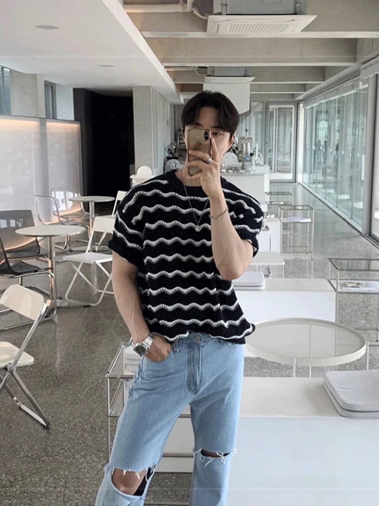 Threebooy  2025 Summer Men's Knit Jacquard Short Sleeve T-shirts Striped Hollow Out Casual Tshirts New Y2K Vintage Streetwear Tee Tops