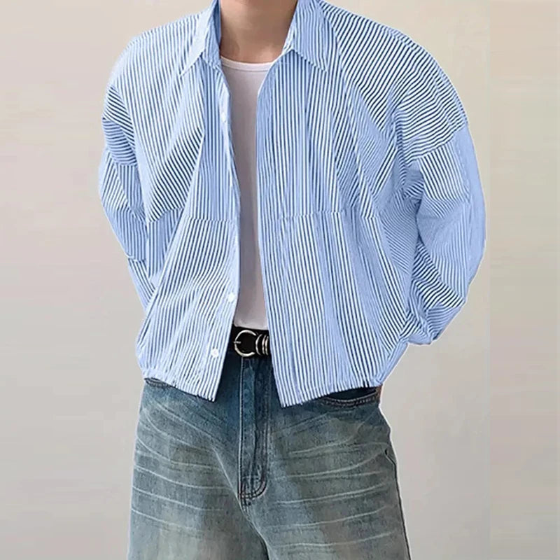 Threebooy  New Japanese Trendy Men Shirts Light Luxury Textured Lapel Striped Long Sleeve Cardigan Tops Leisure Premium Loose Blouse M-2XL